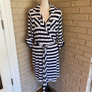 Soft Surroundings Women Casual Stripe Wrap Midi Dress V-Neck Navy Blue Plus 2X